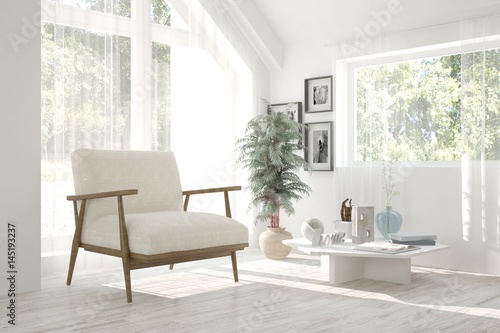 White room with armchair and green landscape in window. Scandinavian interior design. 3D illustration