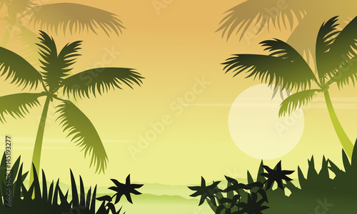 Scenery jungle with palm silhouettes