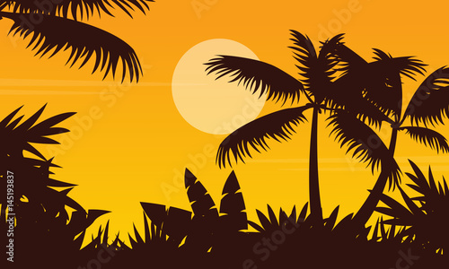 Palm scenery at sunset silhouette style
