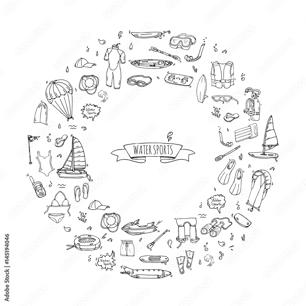 Hand drawn doodle Water sports icons set. Vector illustration, isolated symbols collection, Cartoon various elements: jetski, wakeboard, waterski, surfing, kayak, kitesurfing, paddle, parasailing