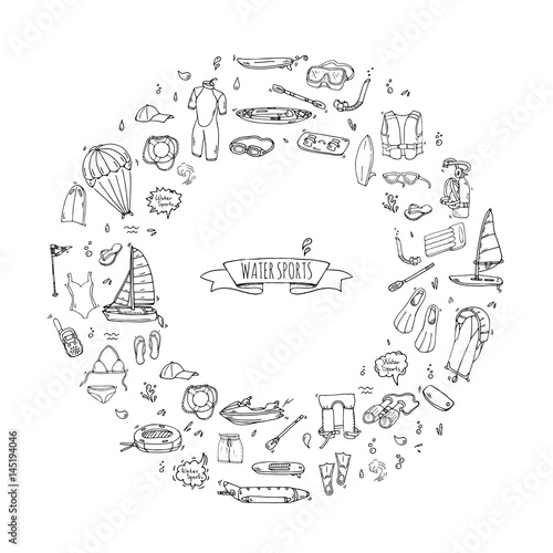 Hand drawn doodle Water sports icons set. Vector illustration, isolated symbols collection, Cartoon various elements: jetski, wakeboard, waterski, surfing, kayak, kitesurfing, paddle, parasailing