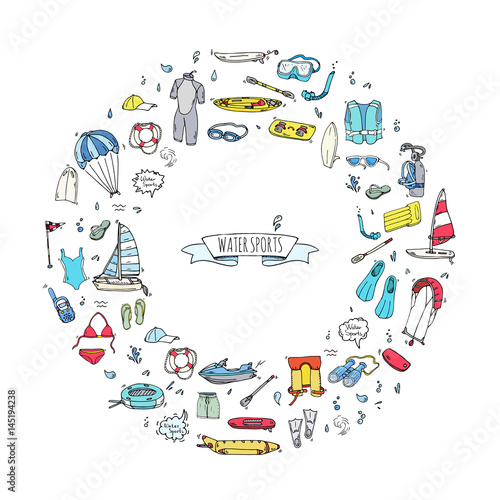 Hand drawn doodle Water sports icons set. Vector illustration, isolated symbols collection, Cartoon various elements: jetski, wakeboard, waterski, surfing, kayak, kitesurfing, paddle, parasailing