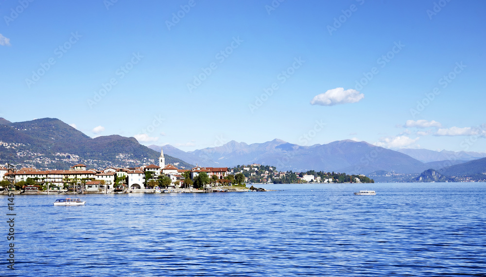 Lago Maggiore and Isola dei Pescatori seen from Stresa town Italy, Europe, end october 2016