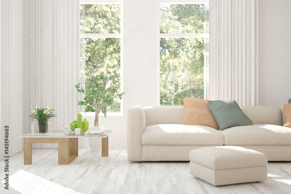 White room with sofa and green landscape in window. Scandinavian interior design. 3D illustration White room with sofa and green landscape in window. Scandinavian interior design. 3D illustration
