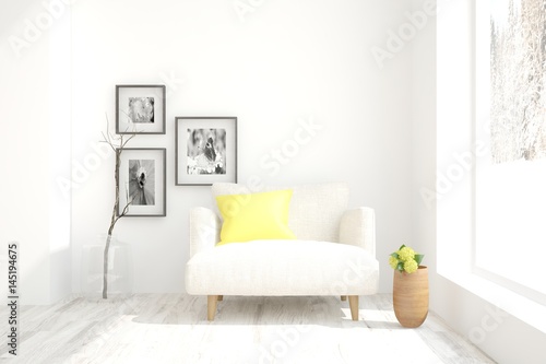 White modern room with armchair. Scandinavian interior design. 3D illustration