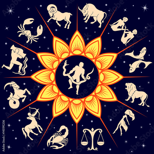 Twelve traditional silhouettes of zodiac signs around the Sun and one new alternative sign Ophiuchus in the center, vector illustration with background of dark blue starry sky
