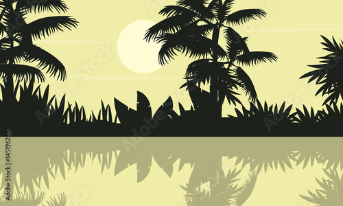 Silhouette of tree with lake on forest scenery