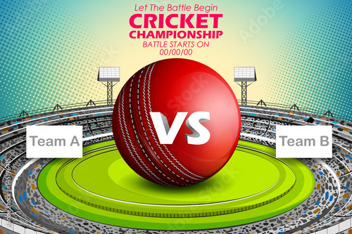 Stadium of Cricket with ball on pitch and VS versus text