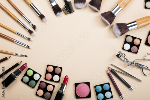 Makeup Brushes And Make-up Products Set Arranged In A Circle