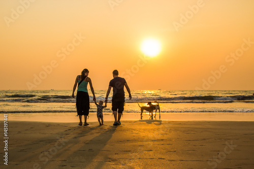 Happy family - father, mother, baby son hold hands and dogs at sunset sea. Arambol beach, North Goa, India