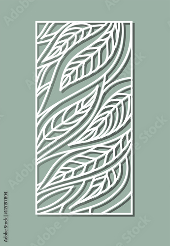 Laser cut vector panel. Cutting paper, wood, metal. Vector illustration with feathers , hand drawn. Line art.