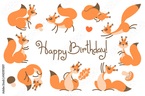 Happy Birthday card with cute squirrels in a cartoon style.