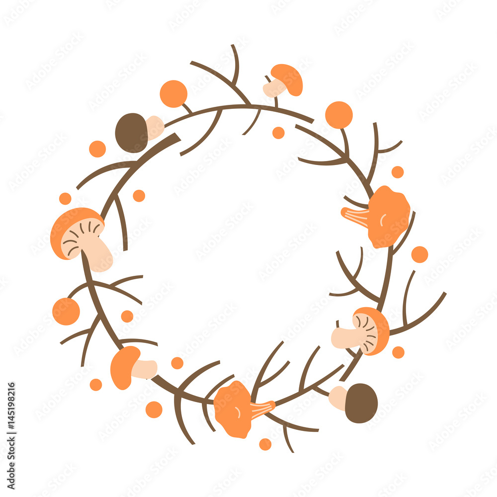 Decorative autumn wreath. Frame made of branches, berries and mushrooms. Decorative autumn wreath. Frame made of branches, berries and mushrooms.
