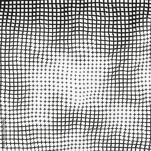 Monochrome vector background with distorted crosses. Black and white backdrop with collapsing lattice. Curved grid of plus signs. Simple geometric motive. Element of design.