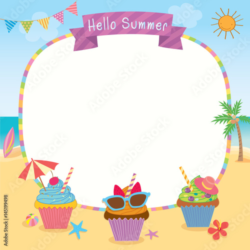 Cupcakes design for summer season with frame decorated on beach background 