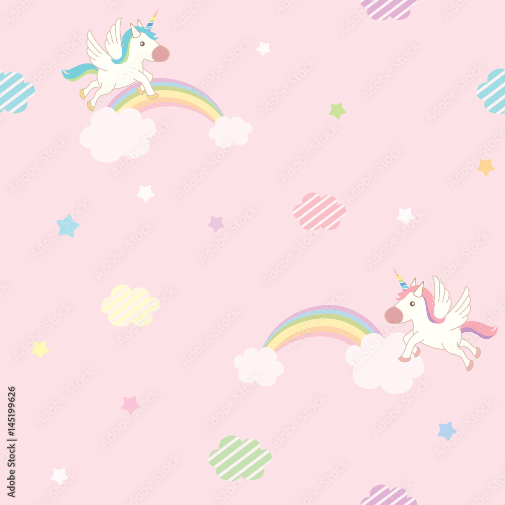 Unicorns flying on pink sky decorated with rainbow cloud and star design for seamless pattern.