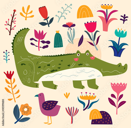 Illustration with cute crocodile and bird