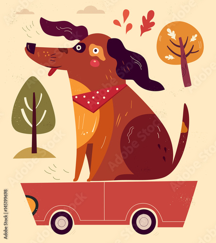 Cartoon illustration with funny dog sitting on the red car