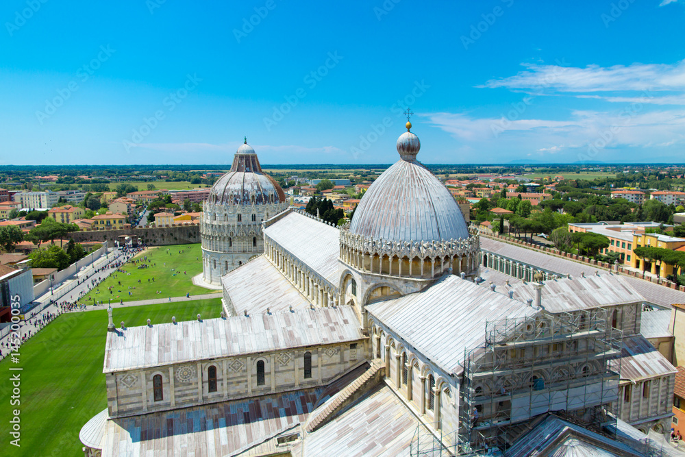 The view from the leaning tower on square of miracles and Pisa
