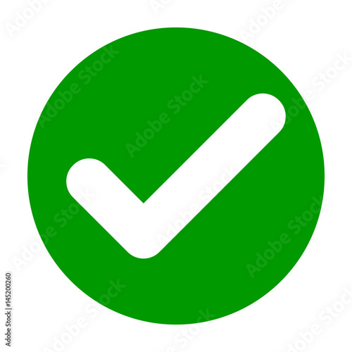Flat round check mark green icon, button. Tick symbol isolated on white background. Vector illustration. EPS10