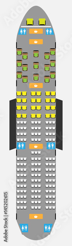 Wide body Aircraft Seat Map with restroom and Galley Vector illustration 