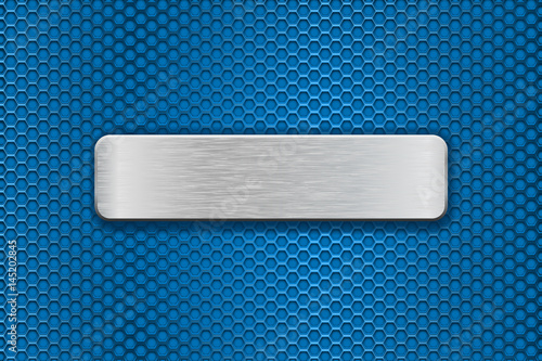 Stainless steel brushed plate on blue metal perforated background