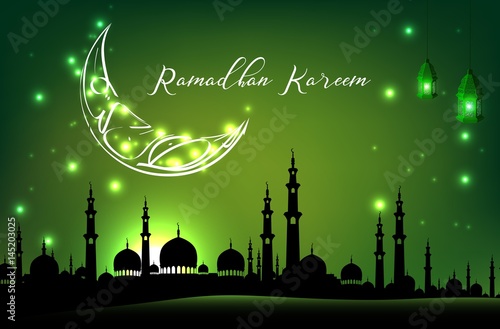 Beautiful mosque with moon on green sky background
