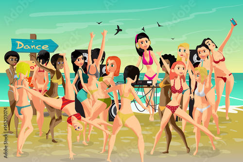 Summer hen-party. Young women in bikini dancing at a disco on th