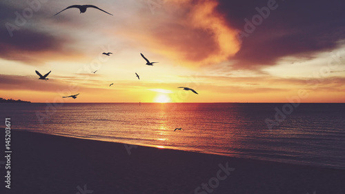 Golden vintage sunset at Frankston beach, Melbourne, Australia