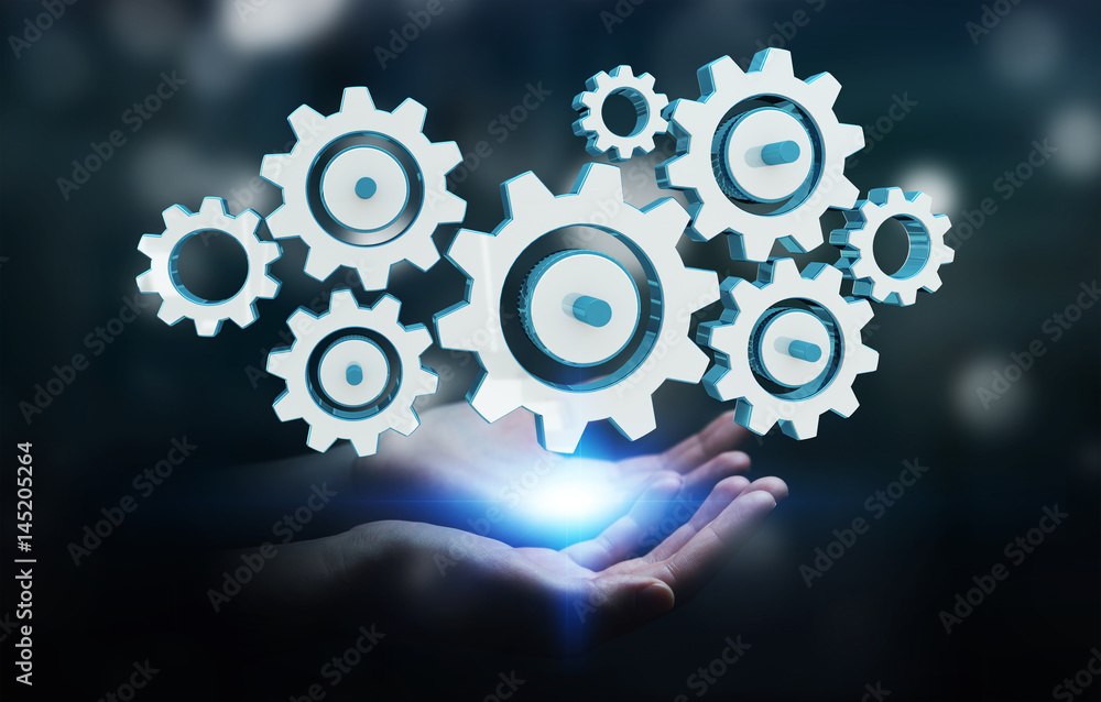 Businesswoman holding colorful gear icons in her hand 3D rendering Businesswoman holding colorful gear icons in her hand 3D rendering