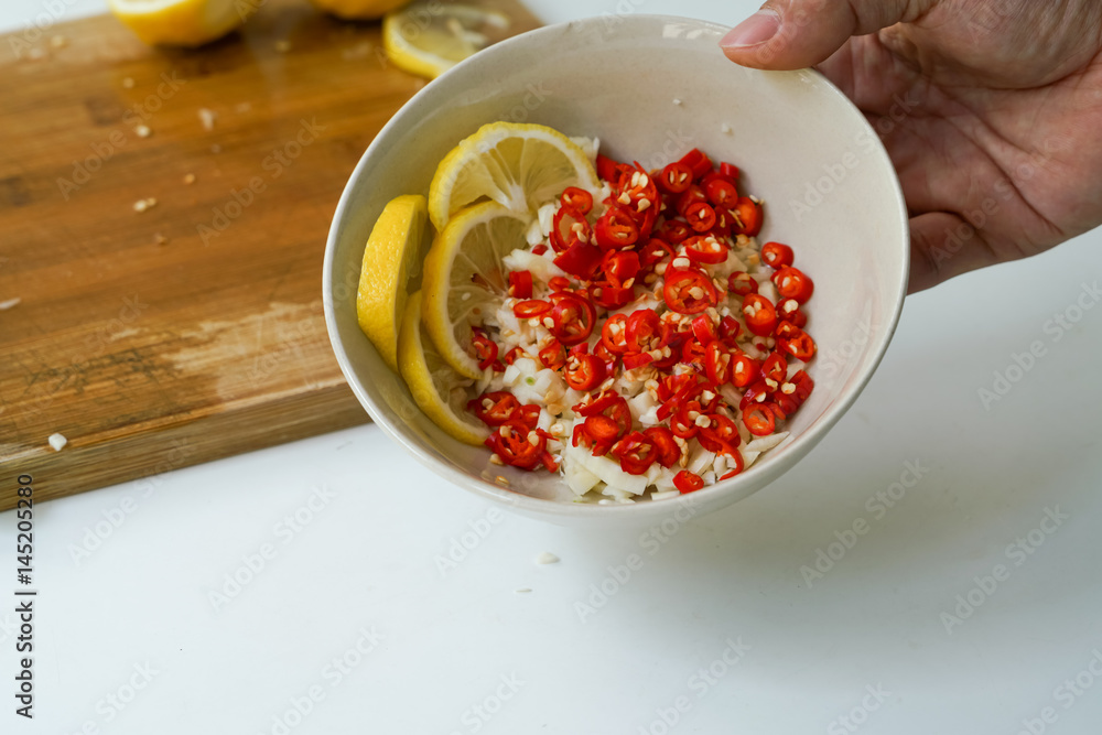 Thai spicy salad ingredient, chili, garlic and lemon Thai spicy salad ingredient, chili, garlic and lemon