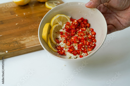 Thai spicy salad ingredient, chili, garlic and lemon
