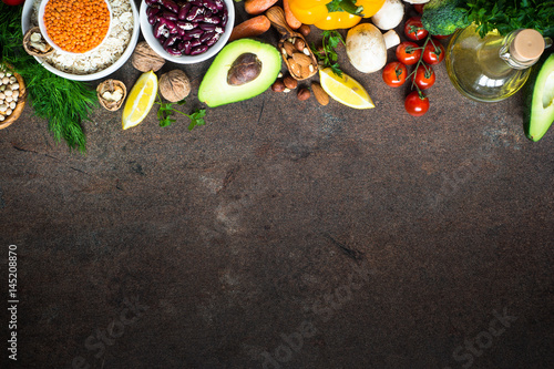 Fototapeta Naklejka Na Ścianę i Meble -  Balanced diet. Organic food for healthy nutrition. Top view