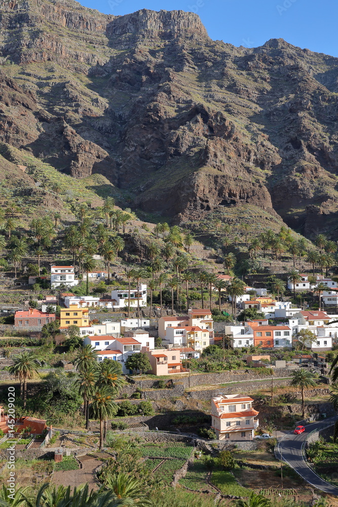 VALLE GRAN REY, LA GOMERA, SPAIN: View of Chele village with terraced fields and mountains