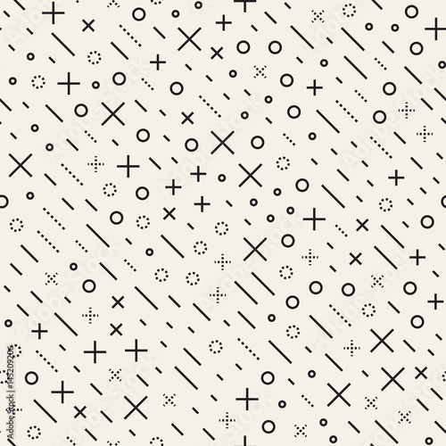 Retro geometric line shapes seamless patterns. Abstract jumble textures. Black and white scattered shapes