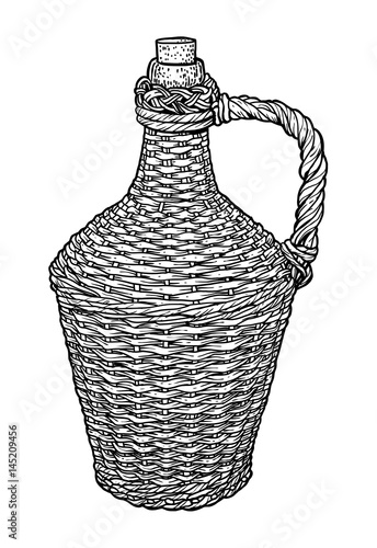 Braided boottle holder illustration, drawing, engraving, ink, line art, vector