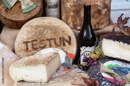 Cheese and wine, Typical products of Piedmonte, Italy photo