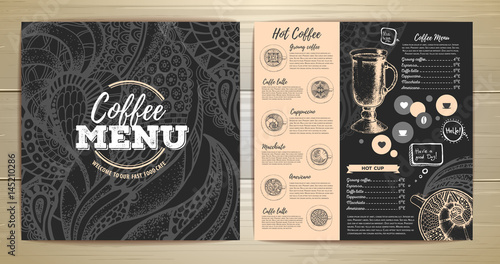 Coffee menu design. Decorative sketch of cup of coffee or tea