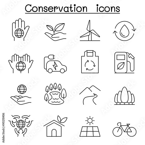 Conservation & Ecology icon set in thin line style