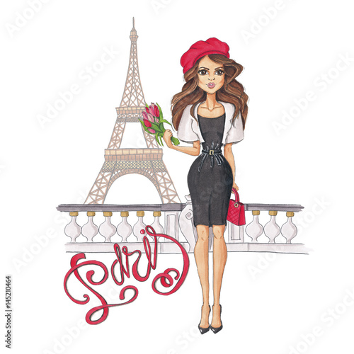 Parisian Girl Hand-Painted Eiffel Tower Fashion Illustration Paris Lettering