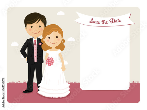 Cartoon wedding invitation with a smiling couple