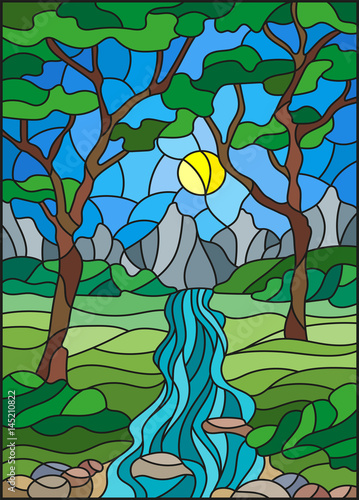 Illustration in stained glass style with a rocky Creek in the background of the Sunny sky, mountains, trees and fields