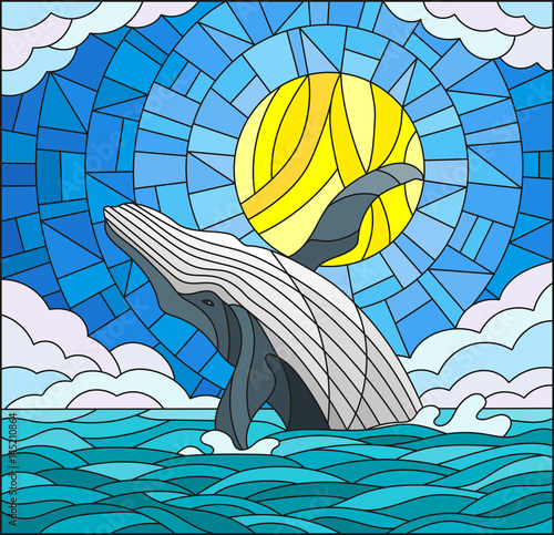 Illustration in stained glass style with a whale on the background of water ,cloud, sky and sun