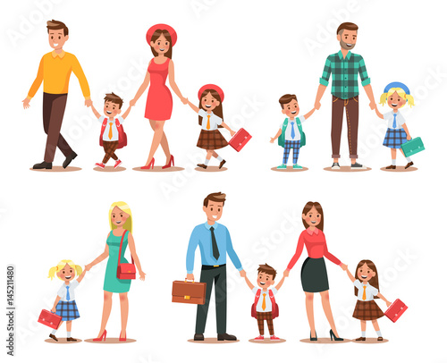 Family lifestyle. Parents take their children to the school in the morning. Happy kids go to school.