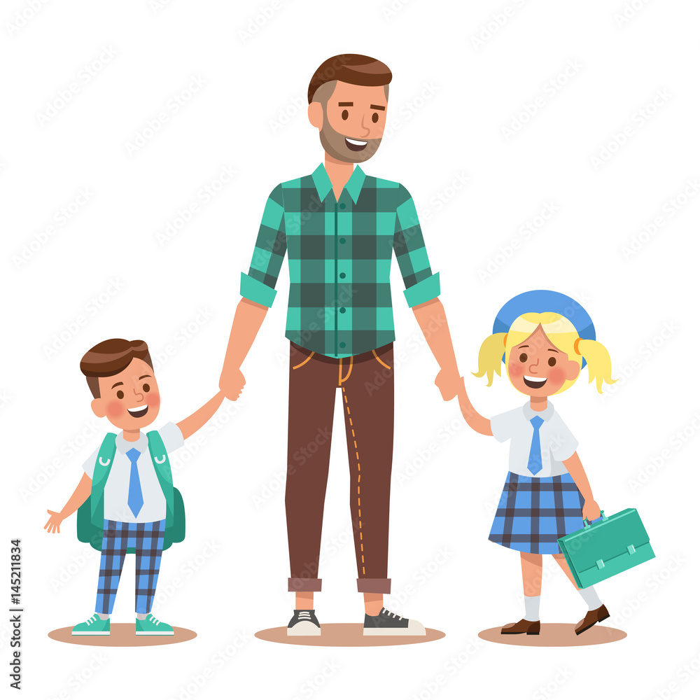 Family lifestyle. Parents take their children to the school in the morning. Happy kids go to school. No.5
