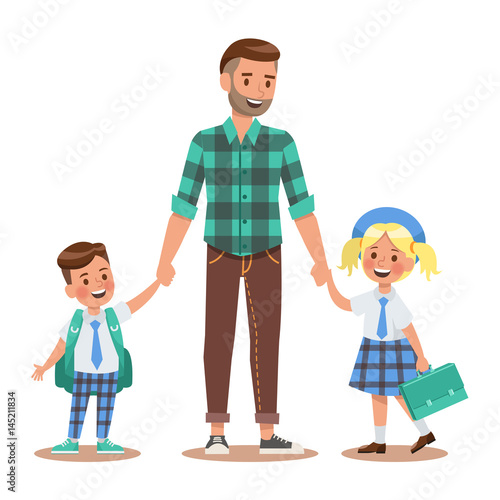 Family lifestyle. Parents take their children to the school in the morning. Happy kids go to school. No.5