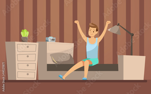 Happy young men wake up in the morning. Vector illustration design.