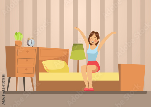 Happy young women wake up in the morning. Vector illustration design.