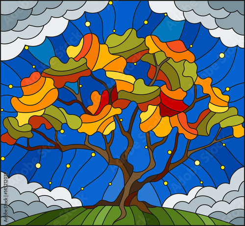 Illustration in stained glass style with autumn tree on sky background with the stars