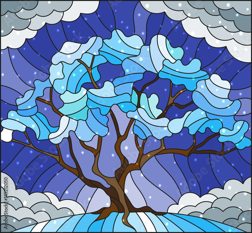 Illustration in stained glass style with winter tree on sky background with the snow
